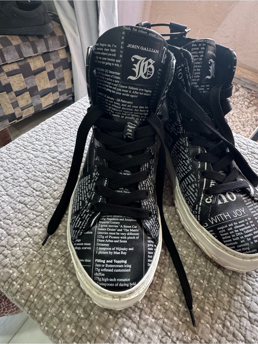 John Galliano Black and White Text-Print High-Top Sneakers